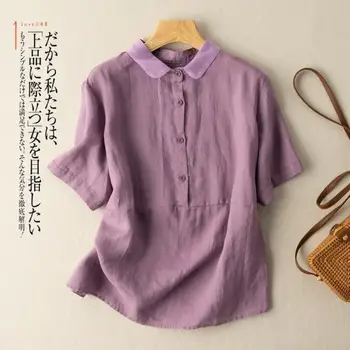 Nye Sommer Solid Bomuld Bluse Kvinder Vintage Half Sleeve Shirt, Toppe Afslappet Tur Down Krave Skjorte Kvindelige Løs Blusas Q474