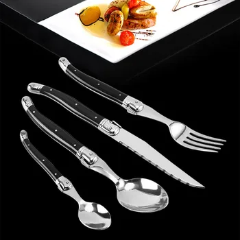 Klar lager træ håndtag sort sølv Rustfrit stål bordet kniv gaffel ske dessertske service, ik sæt sølvtøj