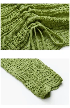 Grøn hule strikket Top med V-hals sweater Løs Efteråret Fold Korte Trøjer til Piger