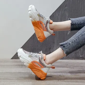 Sneaker med Print Mesh (luft Mesh) Lace-up Blandede Farver Krystal Gennemsigtig Sommer 2021 Kvinder Chunky Sneakers til Nyt Design