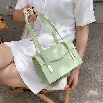 Små Enkle PU Læder Underarm Crossbody Tasker til Kvinder 2021 Sommer Mode Solid Farve Skulder Håndtaske Damer Grøn Sort