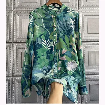 Jungle Green Leaf Blomster Print Mode Shirt Kontor Damer Formelle, Casual Løs Langærmet Oversize Toppe 2021 Sommer Tøj