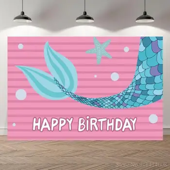 Mermaid Fishtail Happy Birthday Rosa Baggrund Fotografering Pige Prinsesse Party Baggrunde Indretning Til Photoshoot