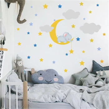 1STK Tegnefilm Baby Elefant Wall Stickers børneværelse Soveværelse Forskønnelse Dekorative PVC Månen, Skyerne, Stjernerne Wall Paper