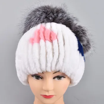 Vinteren kvinder luksus rex kaninpels Silver Fox fur hat Rex Kanin Pels Hat Kvinder ' s Knit Beanie hue med Fox Fur Bolden Pompom Top