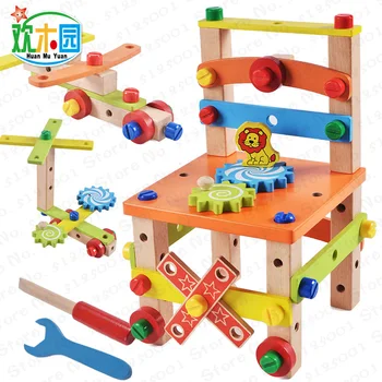 Træ-Montering Stol Montessori Legetøj Baby Pædagogisk Træ-Blokke Toy Førskolebørn Række Møtrik Kombination Stol Værktøj