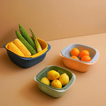 Dobbelt lag farve kontrast afløb kurv husstand multifunktionelle opbevaring dobbelt formål, vegetabilsk vask vand og frugt kurv