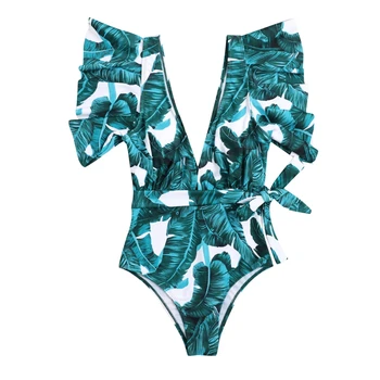 Ployester Badedragt med Grønne Blade Print Pjusket Bikini Sæt med V-Hals, badetøj Attraktiv måde, der Passer til Sommer Strand B2Cshop
