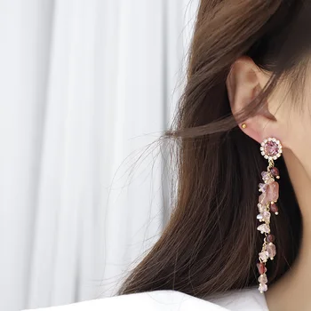 2021 nye ankomst 14K ægte forgyldt blomst lang kvast perler stud øreringe til kvinder luksus smykker zircon øreringe
