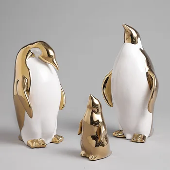 Nordisk Golden Keramik Pingvin Håndværk Hjem Dekoration Ornament Kreative Parlor Desktop Home Soveværelse Indretning Statue Kunst Gaver