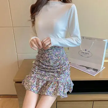 Små Blomster Chiffon Nederdel kvinders efteråret nye 2020-koreansk stil med høj talje slank taske hip Flæse Nederdel