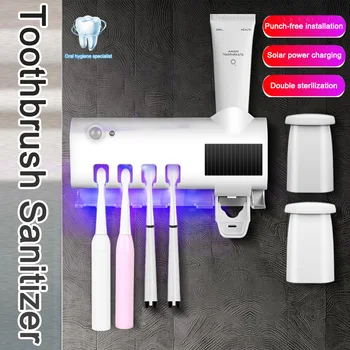 UV-tandbørsteholder Sanitizer Solar USB-Drevet vægbeslag tandbørsteholder Tandpasta Dispenser til Badeværelse