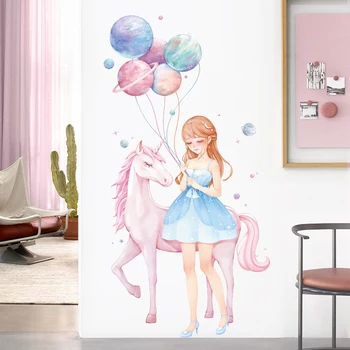 Smukke Pige Unicorn Wall Stickers til Børn værelser med Pigerne værelse Wall Decor Tegnefilm Planet Ballon Vinyl vægoverføringsbilleder til Hjemmet Indretning