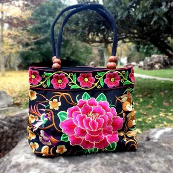 Kinesisk Stil Kvinder Håndtaske Broderi Etniske Mode Håndlavede Blomster Damer Tote Shoulder Tasker