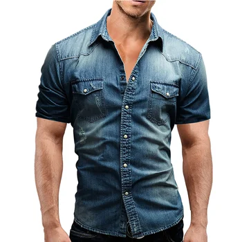 Mænd Forår Sommer Denim Tynd Skjorte Kortærmet Blød Bomuld To Lommer Slank Lille Elastiske Jeans Cowboy Shirt Tøj