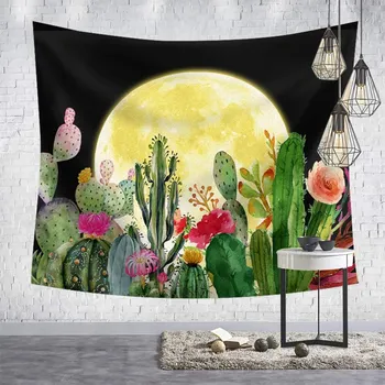 Månen Kaktus Gobelin Væggen Hænger En Tropisk Sukkulent Plante, Blomst Sort Nat Tæppe Polyester Stof-Stranden Og Picnic Mat