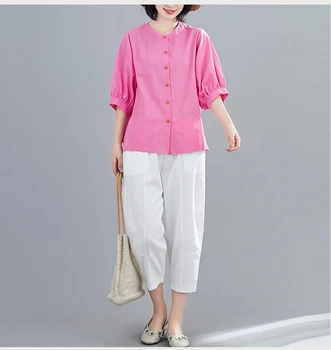 Houthion Bomuld, Hamp Kvinder Bluser kortærmet Top Plus Size Shirt Solid Nye koreanske Casual Mode Toppe Bluse-Knappen