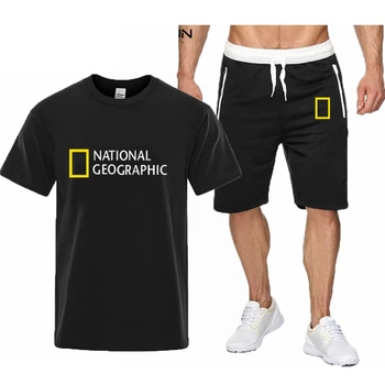 National Geographic Træningsdragt Mænds Casual Brand Trænings-og Sweatshirt To-stykke T-shirt, Shorts til Mænd Hip Hop Mode Tøj
