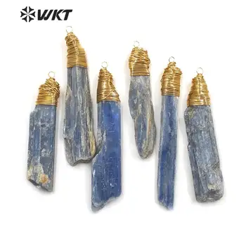 WT-P1526 blå kyanite sten vedhæng tilfældig form med guld Forsølvet messing tråd viklet lås mode rå sten vedhæng
