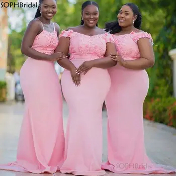 Nye Ankomst Havfrue 3D Blomster Brudepige Kjoler платье 2021 Lange Satin Bryllup Part Kjole Afrikanske Vestidos Plus Størrelse