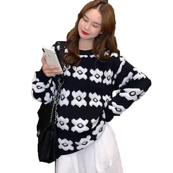 Black Flower Tyk Kvindelige Efteråret Tøj koreanske Kvinder ER Oversize Pulovers Sweater 2020 Vinter Sweater, Tøj A6531