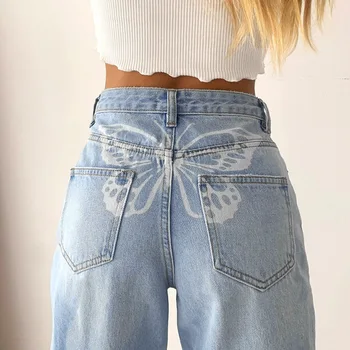 Høj Talje Løs Lige Jeans 2021 Mode til Kvinder High Street Sommerfugl Print Jeans, Casual Bukser Løs Femme Streetwear