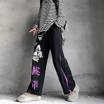 Kvinder Gotiske Harajuku Bukser til Kvinder Japansk Streetwear Gotiske Bukser Print Bred Ben Bukser Kvinder Casual Sorte Bukser Kvinder