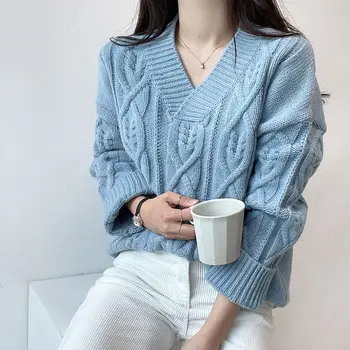 Koreanere Chi Frisk Olie-Varm Girly Temperamentsfulde V-neck Pullover, Kabel-Strik Sweater Kvinders overtøj Alle-Matching