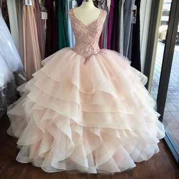 Pink Quinceanera Kjoler 15 År Elegant Krystal Perler Bolden Kjole Plus Size Prom Kjoler Med Differentieret Nederdele vestidos de 15 kvinder år