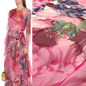 145X100cm Fashion Week Hortensia Steg Stor Blomst Pink Chiffon Stof til Kvinde, Pige Summer Long Beach Dress DIY Syning