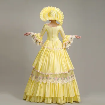 Victoriansk Middelalder Renæssance Kjole Gul Teater balkjole Kvinder kostumer med Hat Palace Prinsesse Kjole