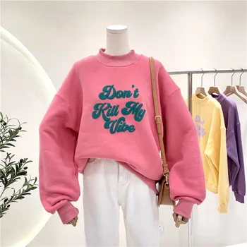 Koreansk Tøj Kvinder Hættetrøjer Løs Plus en Halv-høj Krave Lange ærmer Pullover Overdimensionerede Hoodie Kvinders Top Crewneck Sweatshirt