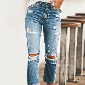 Brede Ben Jeans til Kvinder Bunden Denim Bukser med Høj Talje Vintage Streetwear 2021 Nyt Hul Jeans Mode Bukser Varme pantalones