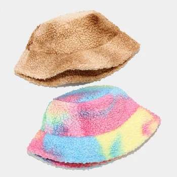 Mode Hip Hop Lam Hår Kvinders Hat Vinter Varm Udendørs Tie Dye Rejse Plys Spand Hat Fiskeri Hat