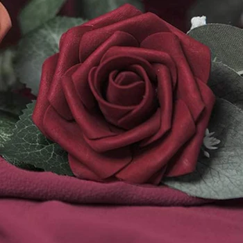 Kunstige Blomster 25Pcs Reelle Leder Bourgogne Falske Roser med Stilke for DIY Bryllup Buketter Røde Brude Brusebad