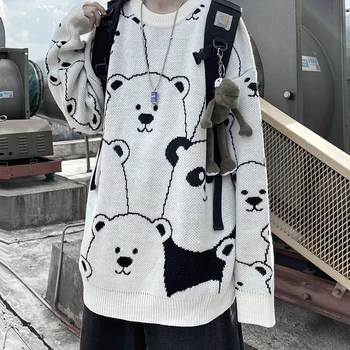 Vinteren Harajuku Stil Kawaii Søde Lille Panda Jacquard Strikket Sweater Y2k koreanske Kvinder Trendy Casual Løs Retro Pullover