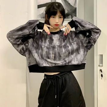Langærmet Afgrøde Top Tie Dye Casual Sweatshirt Kvinder Tøj til Teens Ins Harajuku Løs Hættetrøjer Løs Hættetrøje Spring Nye 2021