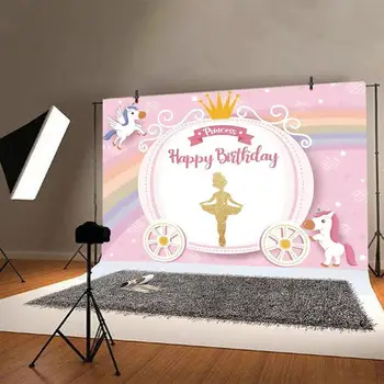 Prinsesse Baby Fødselsdag 1st Første Part Fotografering Baggrunde Unicorn Pumpkin Carriage Fotografiske Baggrunde Til Foto-Studio