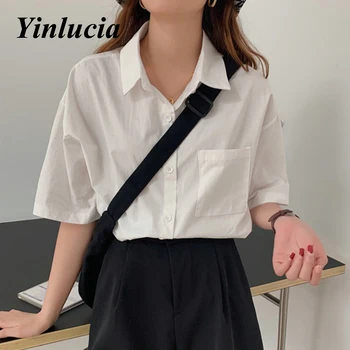 Kvinder Bluser Pocket Office Lady Oversize Plus Size Toppe Pink Hvid Blå Kortærmet 2021 Koreansk Mode Vintage Skjorter
