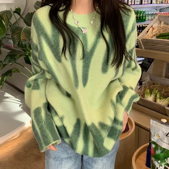 Overdimensionerede 2021 Pullovere Kvinder Print Strikket Sweater Elegant Grøn Stribet Kvinder Vinteren Løs Lange Trøjer Streetwear