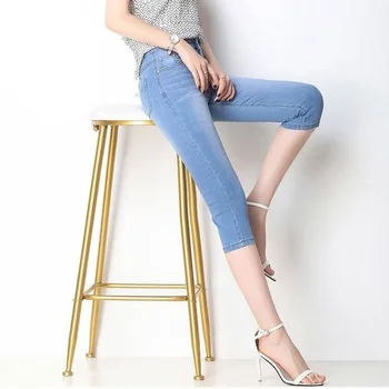 Koreanske Kvinder High Waist Stretch Jeans Capris 2021 Sommeren Skinny Jeans Kvinde Kalv Længde Denim Blyant Bukser