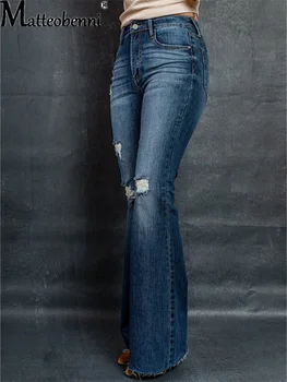2021 Nye Kvinder Med Høj Talje Rippet Flare Jeans Damer Mode Retro Strække Tynde Slim Denim Lange Bukser Street, Casual Bukser