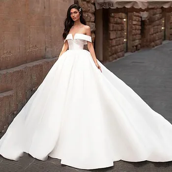 Enkel Satin A-Line Wedding Dress 2021 Sexet Ryg-Vintage Brude kjole Muslimske Boho Bryllup Kjoler Plus size Custom Made