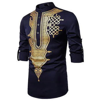 2021 Nye Mænds Casual Fashion Bronzing Shirt Totem at Udskrive Lange Muslimske Solid Farve Stand-up Krave Lange Ærmer
