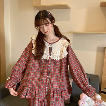 Pyjamas nye plaid 2020 kvindelige koreanske retro Harajuku stil nattøj casual pijamas kvinder plus size home service, der passer morgenkåbe