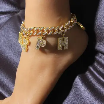 Engros Små Smykker Cubanske Kæde DIY Navn Ankelkæde Crystal Zircon Ankelkæde 26 Bogstaver Velegnet Til Kvinder Anklet Armbånd