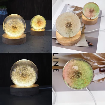 Crystal Ball LED Nat Lys med epoxyharpiks, Skimmel, boligindretning Silikone Formen Træ-LED Tændte Base Tørret Mælkebøtte