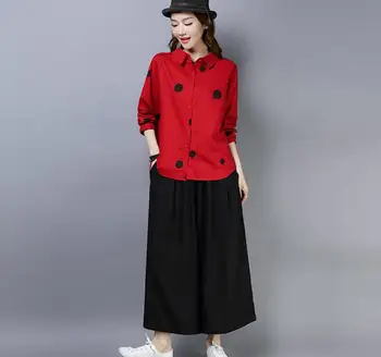 Spring Nye Arts-Stil Kvinder Shirts Plus Size Løs Lange Ærmer Casual Blouse Polka Dot Print Bomuld Skjorte Dame Toppe