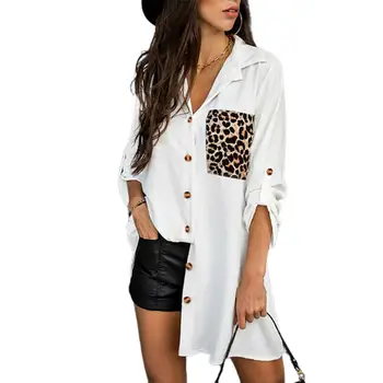 Sommeren Kvinder Leopard Skjorte Patch Lomme Løs Casual Damer langærmet Stolpelukning Plus size Bluser Streetwear sommerfest