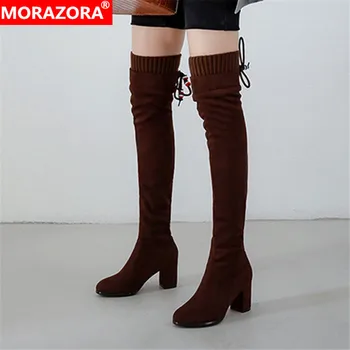 MORAZORA 2021 nye mode låret høje støvler kvinder strømmer rund tå lace-up varm efterår og vinter støvler kvinde slanke høje hæle sko